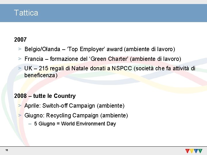 Tattica 2007 > Belgio/Olanda – ‘Top Employer’ award (ambiente di lavoro) > Francia –
