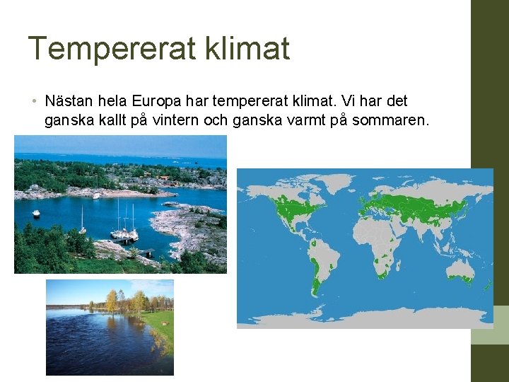 Tempererat klimat • Nästan hela Europa har tempererat klimat. Vi har det ganska kallt