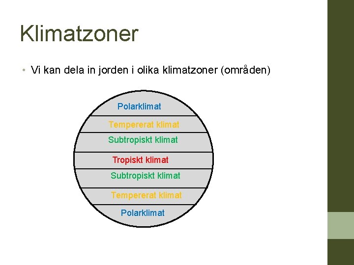 Klimatzoner • Vi kan dela in jorden i olika klimatzoner (områden) Polarklimat Tempererat klimat