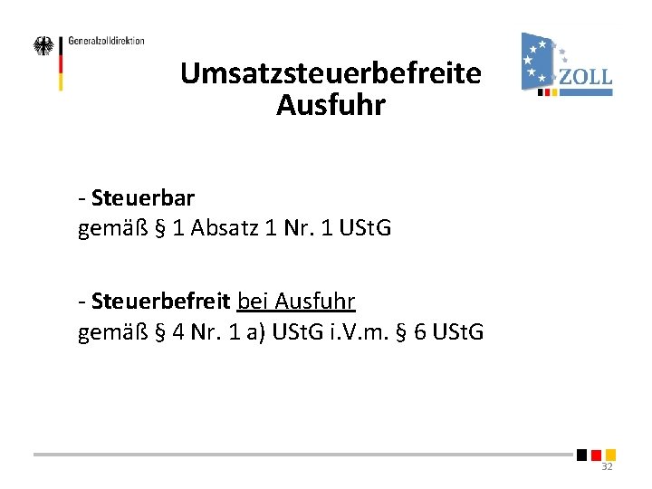 Umsatzsteuerbefreite Ausfuhr - Steuerbar gemäß § 1 Absatz 1 Nr. 1 USt. G - Umsatzsteuerbefreite Ausfuhr - Steuerbar gemäß § 1 Absatz 1 Nr. 1 USt. G -