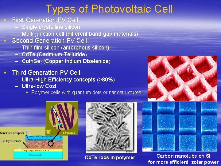 Types of Photovoltaic Cell § First Generation PV Cell: – Single crystalline silicon –