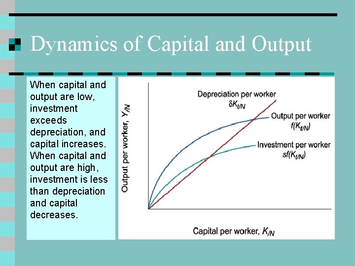 Dynamics of Capital and Output When capital and output are low, investment exceeds depreciation,