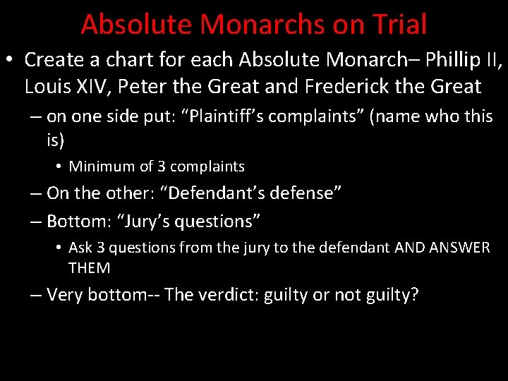 Absolute Monarchs on Trial • Create a chart for each Absolute Monarch– Phillip II,