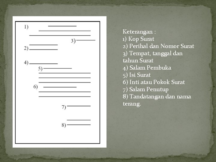 Keterangan : 1) Kop Surat 2) Perihal dan Nomor Surat 3) Tempat, tanggal dan