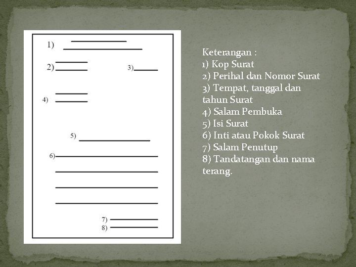 Keterangan : 1) Kop Surat 2) Perihal dan Nomor Surat 3) Tempat, tanggal dan