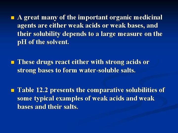 n A great many of the important organic medicinal agents are either weak acids