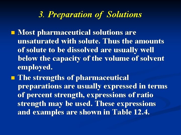 3. Preparation of Solutions Most pharmaceutical solutions are unsaturated with solute. Thus the amounts