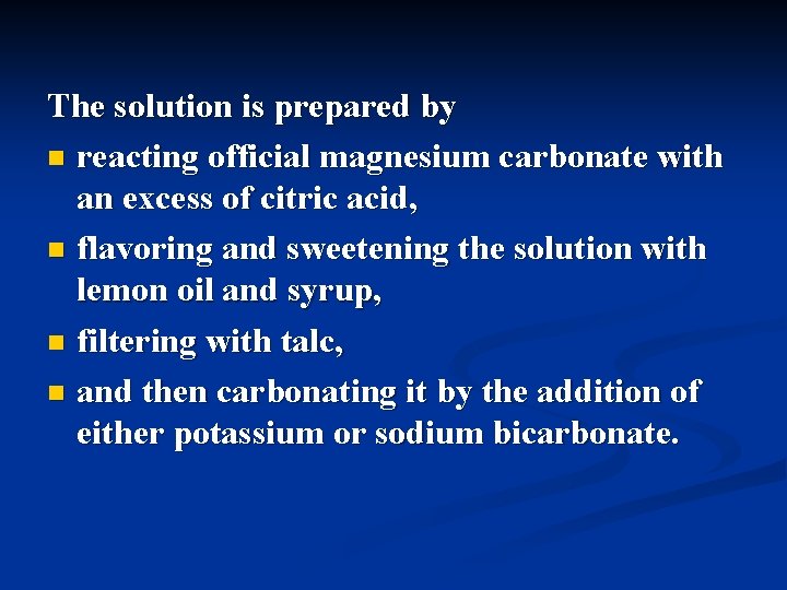 The solution is prepared by n reacting official magnesium carbonate with an excess of