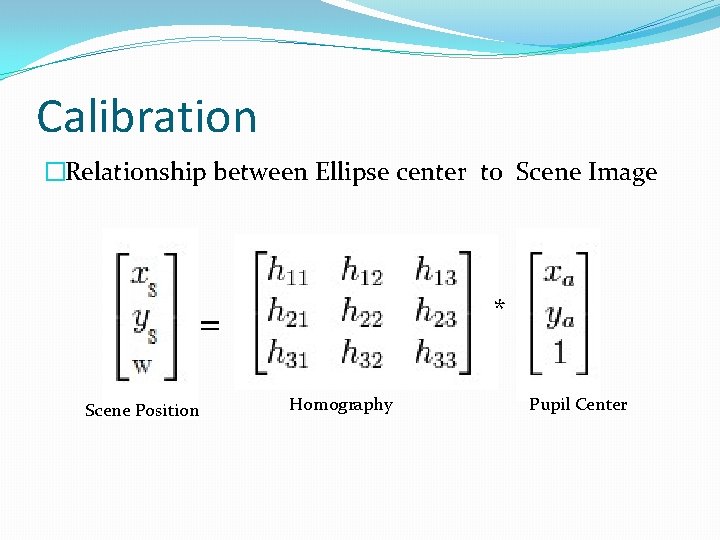 Calibration �Relationship between Ellipse center to Scene Image * = Scene Position Homography Pupil