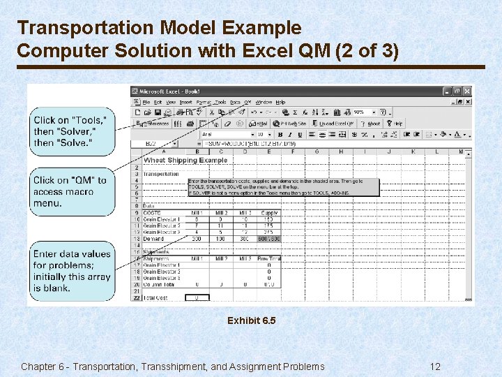 Transportation Model Example Computer Solution with Excel QM (2 of 3) Exhibit 6. 5