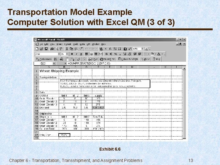 Transportation Model Example Computer Solution with Excel QM (3 of 3) Exhibit 6. 6