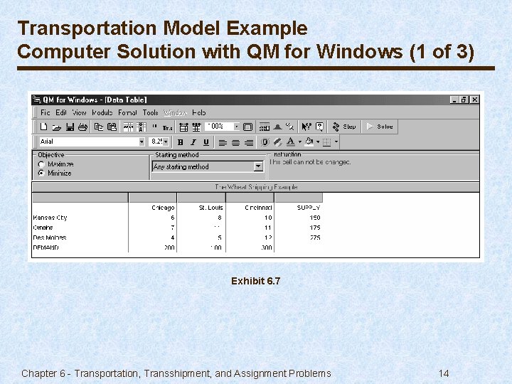 Transportation Model Example Computer Solution with QM for Windows (1 of 3) Exhibit 6.