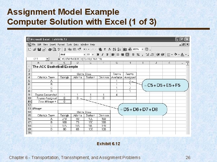 Assignment Model Example Computer Solution with Excel (1 of 3) Exhibit 6. 12 Chapter