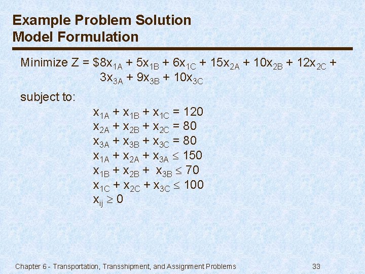 Example Problem Solution Model Formulation Minimize Z = $8 x 1 A + 5