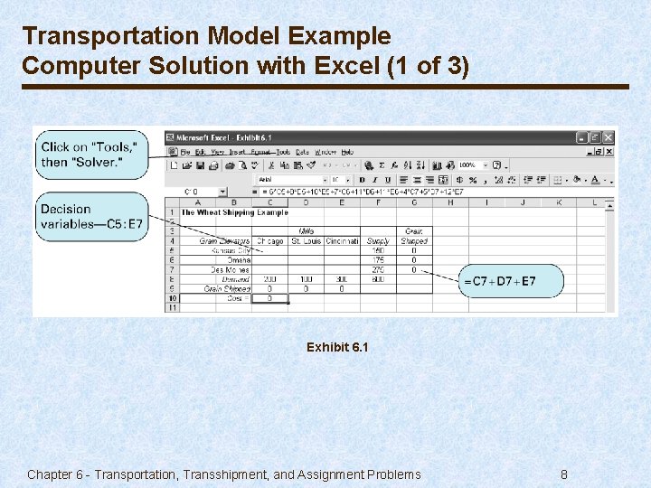 Transportation Model Example Computer Solution with Excel (1 of 3) Exhibit 6. 1 Chapter