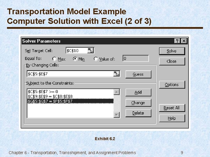 Transportation Model Example Computer Solution with Excel (2 of 3) Exhibit 6. 2 Chapter