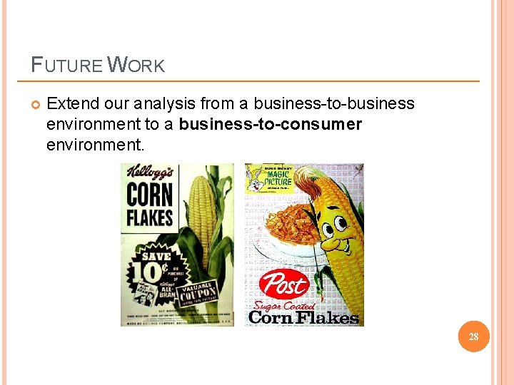 FUTURE WORK Extend our analysis from a business-to-business environment to a business-to-consumer environment. Firms