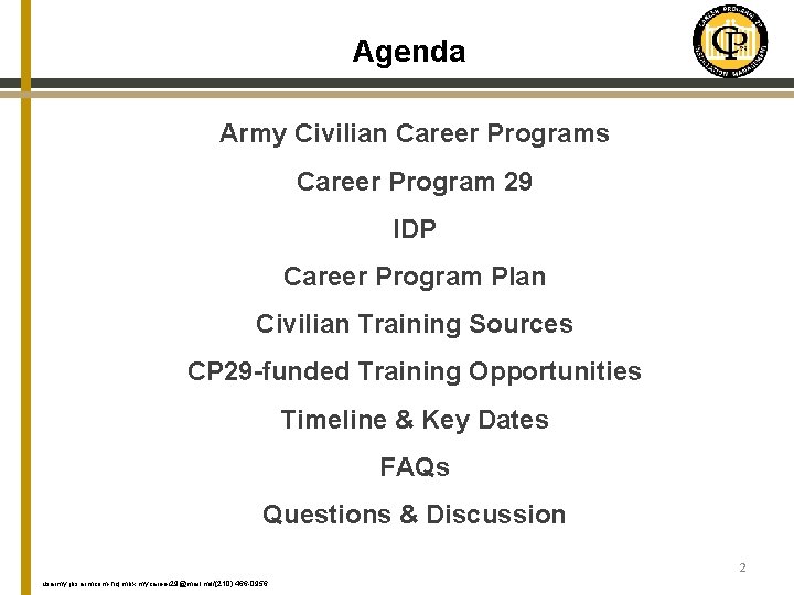 Agenda Army Civilian Career Programs Career Program 29 IDP Career Program Plan Civilian Training