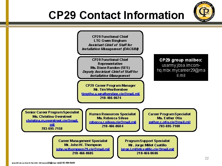 CP 29 Contact Information CP 29 Functional Chief LTG Gwen Bingham Assistant Chief of