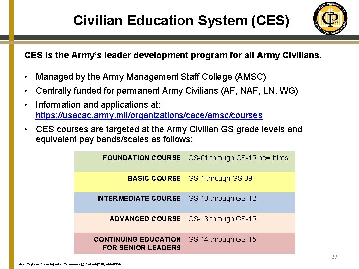 Civilian Education System (CES) CES is the Army’s leader development program for all Army