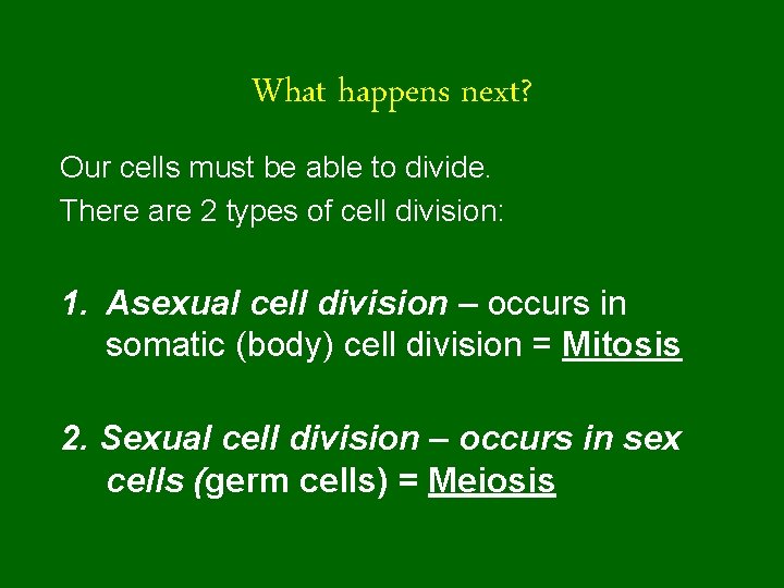 What happens next? Our cells must be able to divide. There are 2 types What happens next? Our cells must be able to divide. There are 2 types