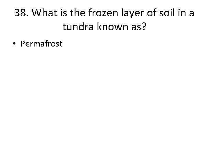 38. What is the frozen layer of soil in a tundra known as? •