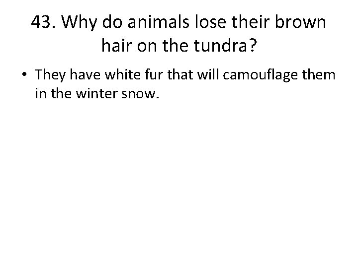 43. Why do animals lose their brown hair on the tundra? • They have