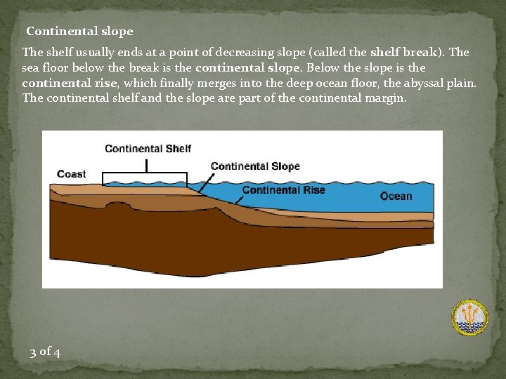 Continental slope The shelf usually ends at a point of decreasing slope (called the