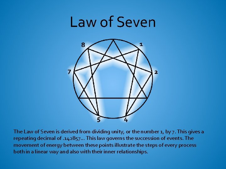 Law of Seven The Law of Seven is derived from dividing unity, or the