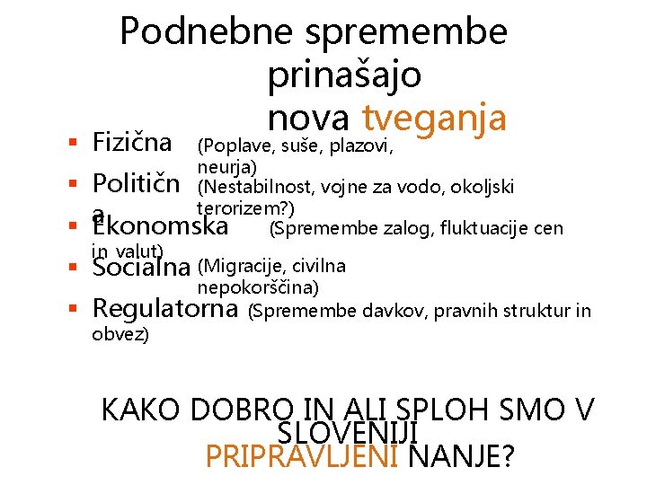 Podnebne spremembe prinašajo nova tveganja Fizična (Poplave, suše, plazovi, neurja) Političn (Nestabilnost, vojne za