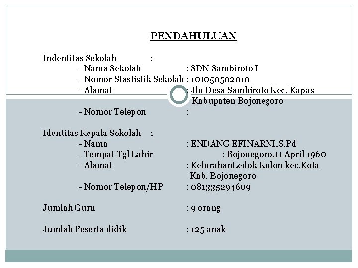 PENDAHULUAN Indentitas Sekolah : - Nama Sekolah : SDN Sambiroto I - Nomor Stastistik