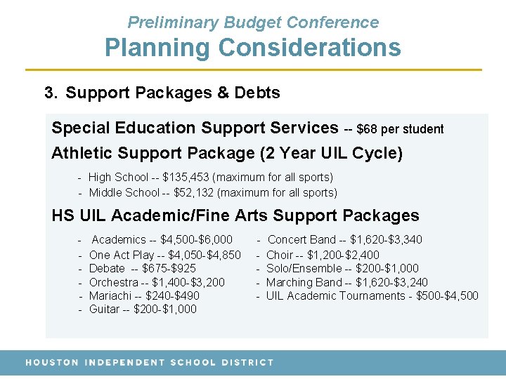 Preliminary Budget Conference Planning Considerations 3. Support Packages & Debts Special Education Support Services