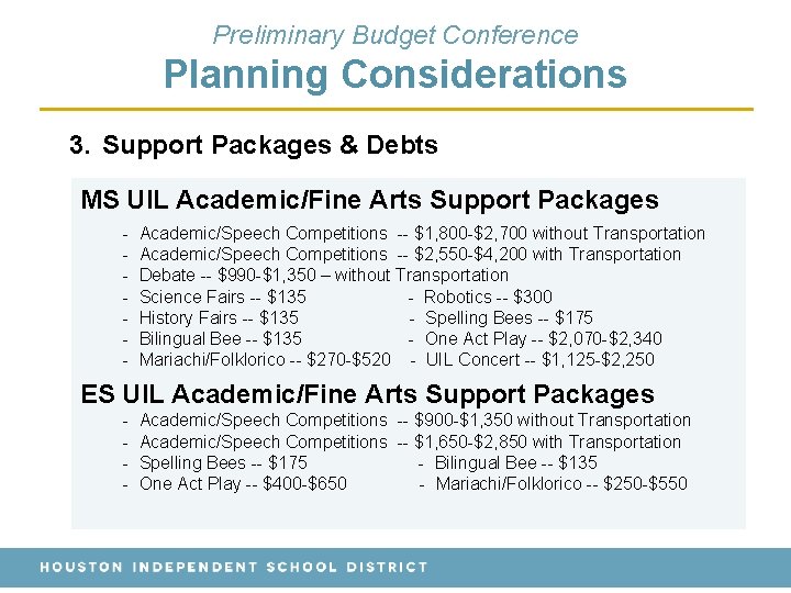 Preliminary Budget Conference Planning Considerations 3. Support Packages & Debts MS UIL Academic/Fine Arts