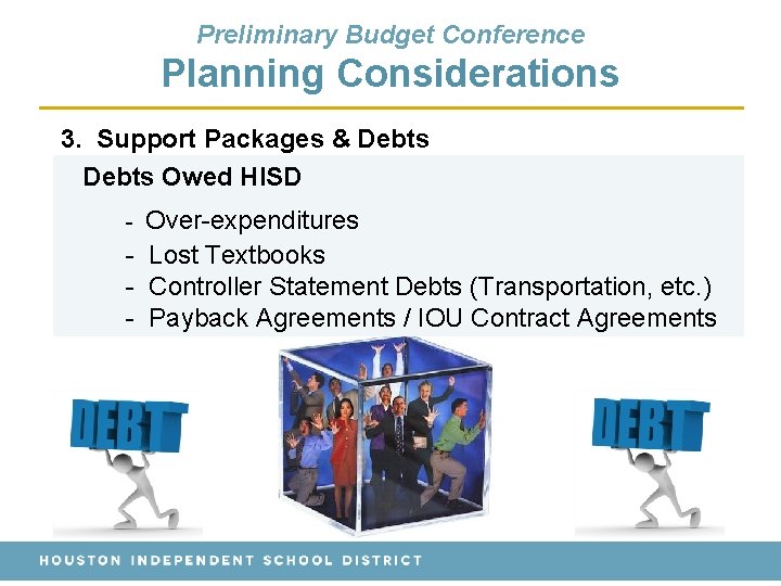 Preliminary Budget Conference Planning Considerations 3. Support Packages & Debts Owed HISD - Over-expenditures