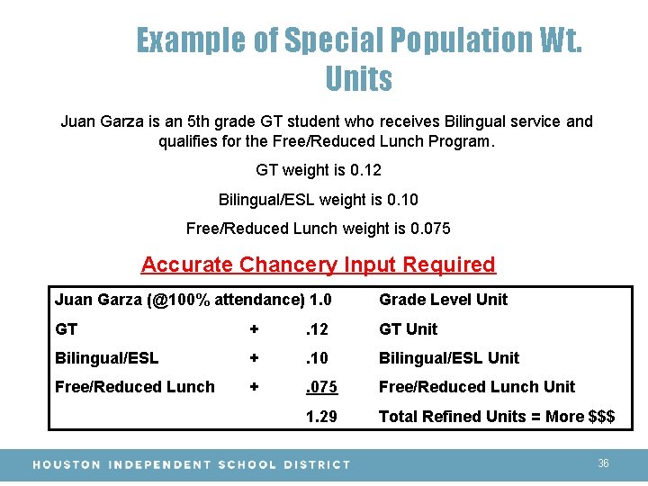 Example of Special Population Wt. Units Juan Garza is an 5 th grade GT