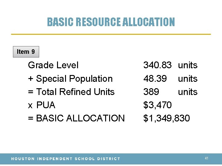 BASIC RESOURCE ALLOCATION Item 9 Grade Level + Special Population = Total Refined Units