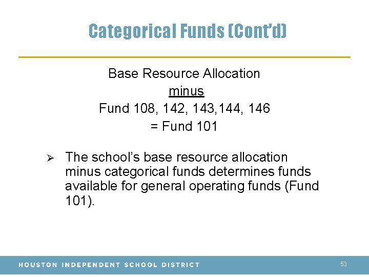 Categorical Funds (Cont’d) Base Resource Allocation minus Fund 108, 142, 143, 144, 146 =