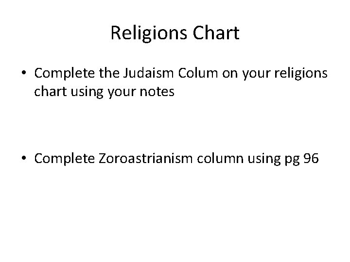 Religions Chart • Complete the Judaism Colum on your religions chart using your notes