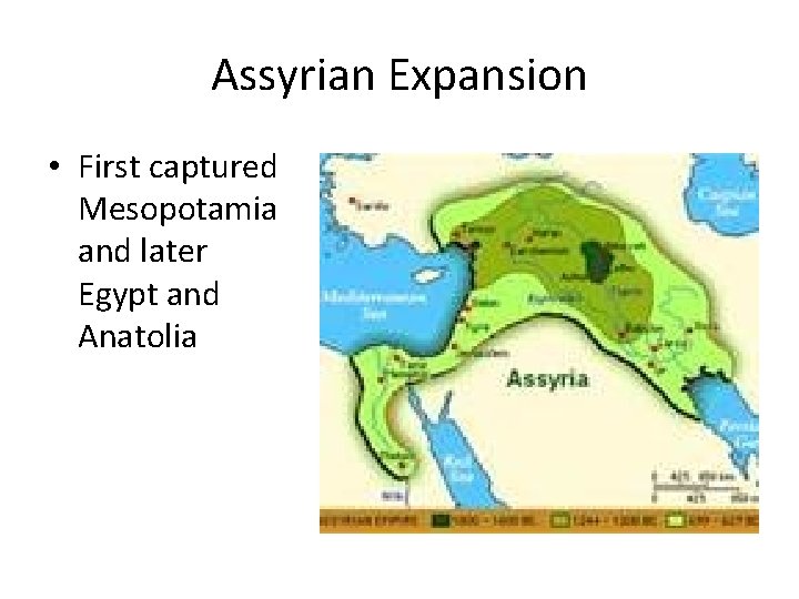 Assyrian Expansion • First captured Mesopotamia and later Egypt and Anatolia 