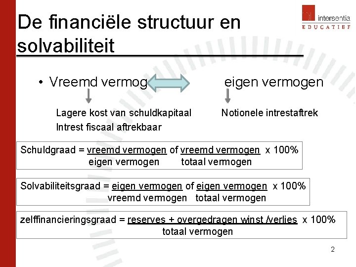 De financiële structuur en solvabiliteit • Vreemd vermogen Lagere kost van schuldkapitaal Intrest fiscaal