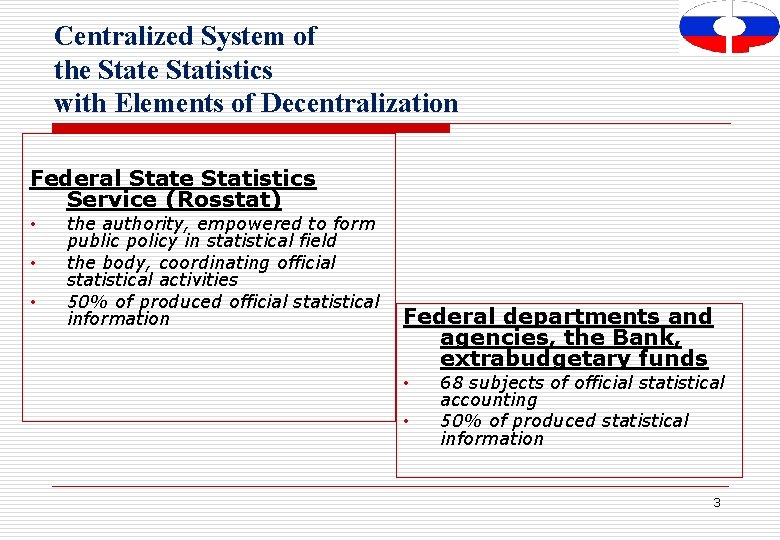 Centralized System of the Statistics with Elements of Decentralization Federal State Statistics Service (Rosstat)