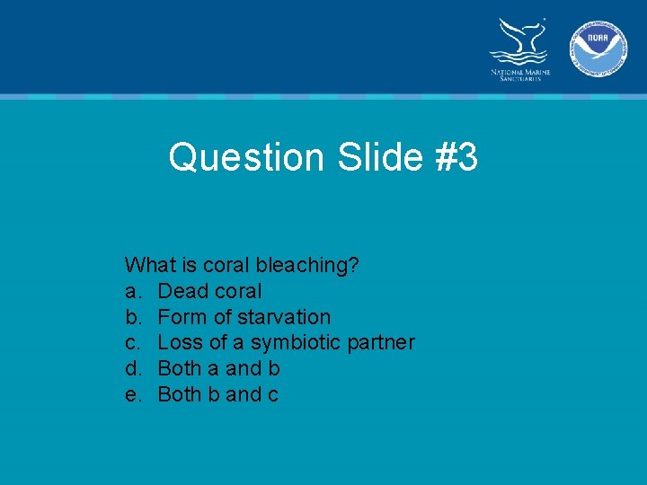 Question Slide #3 What is coral bleaching? a. Dead coral b. Form of starvation