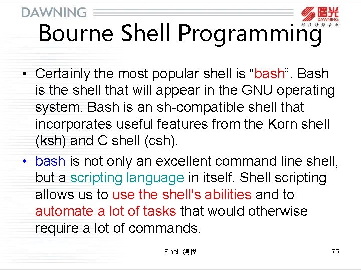 Bourne Shell Programming • Certainly the most popular shell is “bash”. Bash is the