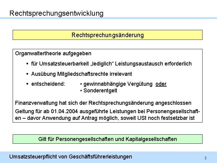 Rechtsprechungsentwicklung Rechtsprechungsänderung Organwaltertheorie aufgegeben § für Umsatzsteuerbarkeit „lediglich“ Leistungsaustausch erforderlich § Ausübung Mitgliedschaftsrechte irrelevant