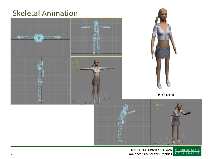 Skeletal Animation Victoria 2 CSE 872 Dr. Charles B. Owen Advanced Computer Graphics Skeletal Animation Victoria 2 CSE 872 Dr. Charles B. Owen Advanced Computer Graphics