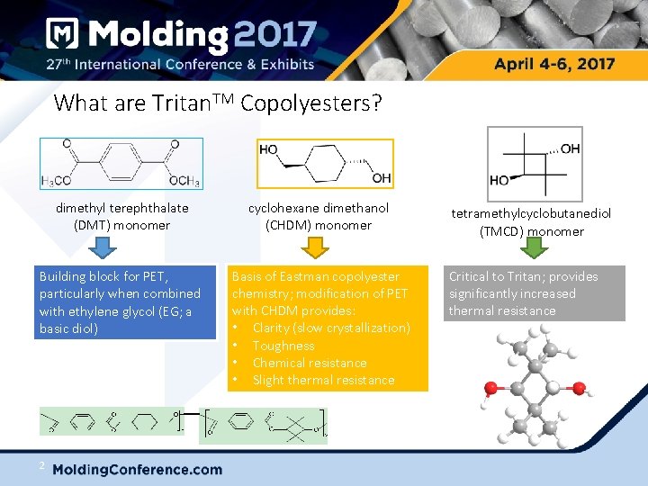 What are Tritan. TM Copolyesters? dimethyl terephthalate (DMT) monomer cyclohexane dimethanol (CHDM) monomer Building