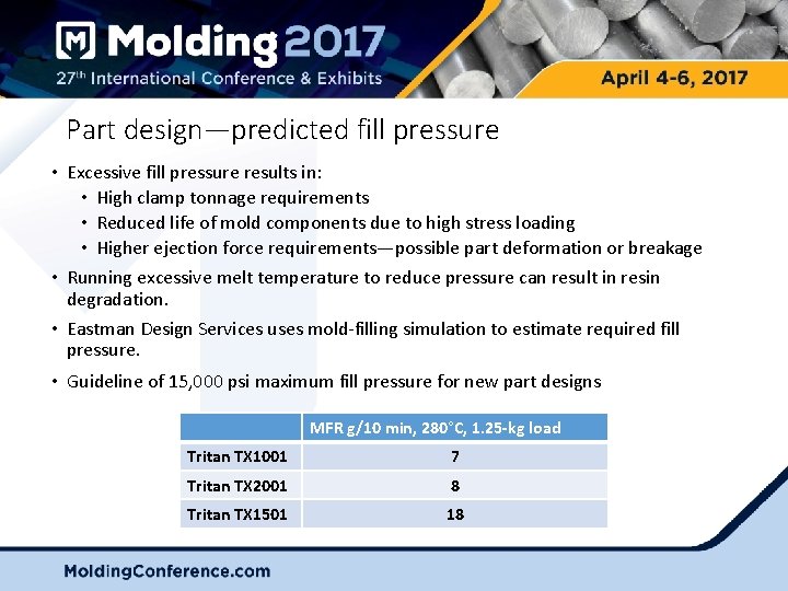 Part design—predicted fill pressure • Excessive fill pressure results in: • High clamp tonnage