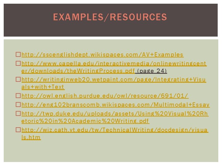 EXAMPLES/RESOURCES �http: //sscenglishdept. wikispaces. com/AV+Examples �http: //www. capella. edu/interactivemedia/onlinewritingcent er/downloads/the. Writing. Process. pdf (page