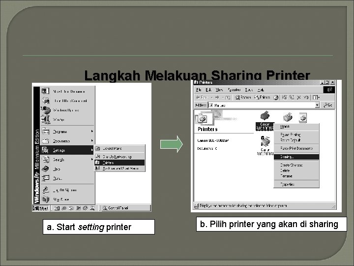 Langkah Melakuan Sharing Printer a. Start setting printer b. Pilih printer yang akan di Langkah Melakuan Sharing Printer a. Start setting printer b. Pilih printer yang akan di