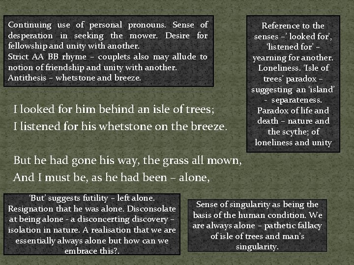 Continuing use of personal pronouns. Sense of desperation in seeking the mower. Desire for